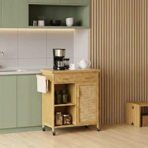 Bambus køkkenvogn, multifunktionsvogn, serveringsvogn, 2 skuffer, 1 skab, 2 hylder, naturfarvet