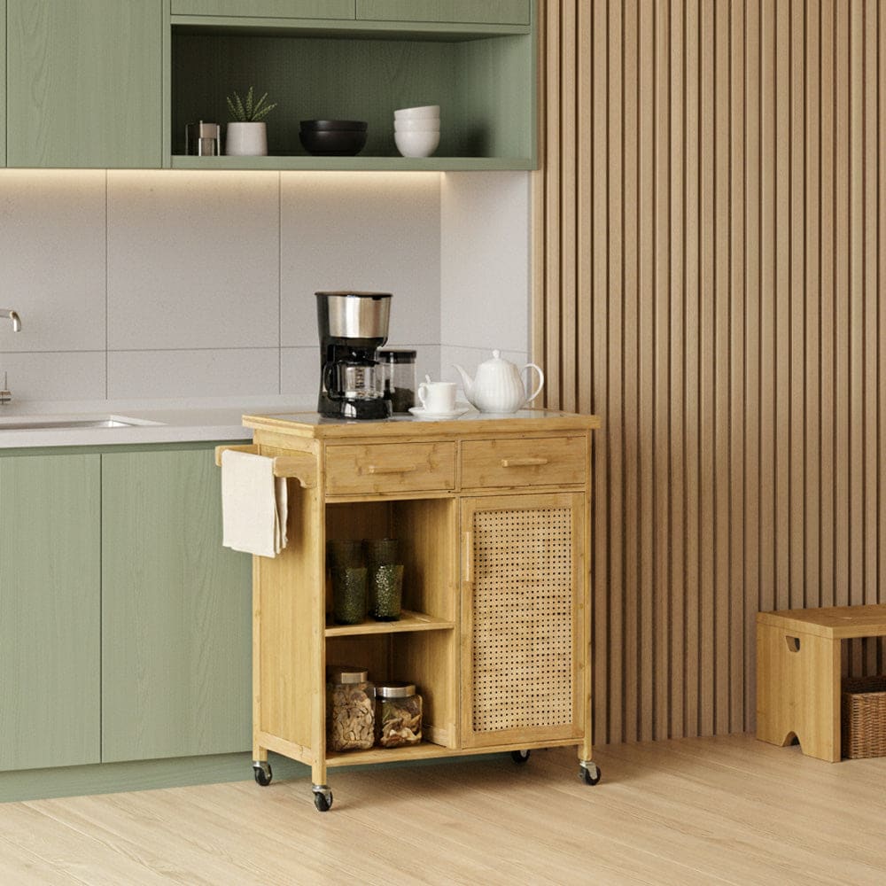 Bambus køkkenvogn, multifunktionsvogn, serveringsvogn, 2 skuffer, 1 skab, 2 hylder, naturfarvet